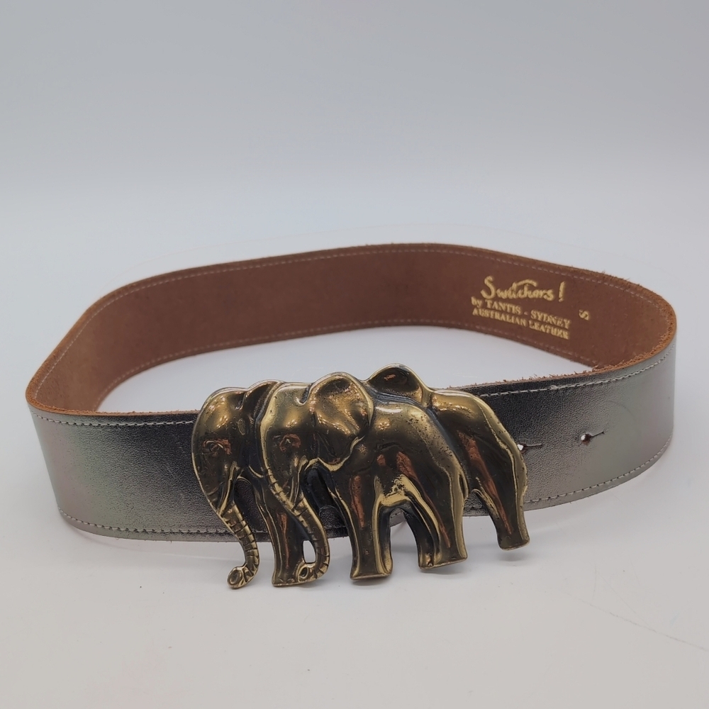 Brass Elephants Buckle Sz S Switchers By Tantis Leather Belt - Metallic Silver